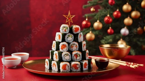 A Sushi Christmas tree on golden plate with a New Year's red background, free space for text.