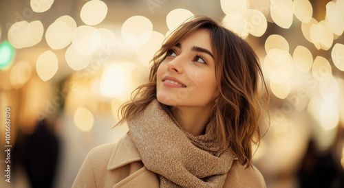 Wallpaper Mural Happy woman walking through a shopping center, smiling, looking at shop windows. Winter Christmas scene with lights and bokeh in the background.  Torontodigital.ca