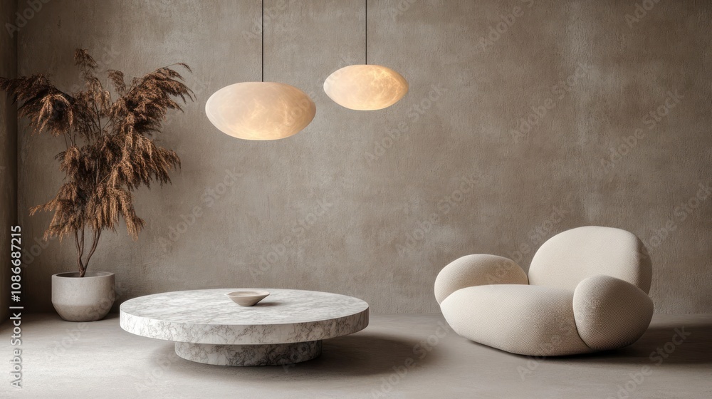 A modern, minimalist living space featuring soft furniture and ambient lighting. A modern, minimalist living space featuring soft furniture and ambient lighting.