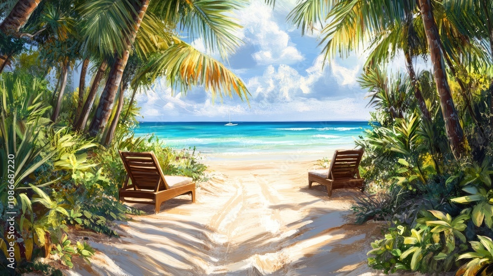 Fototapeta premium Tropical beach landscape with sun beds surrounded by palm trees and clear blue waters, perfect for vacation-themed designs or illustrations.