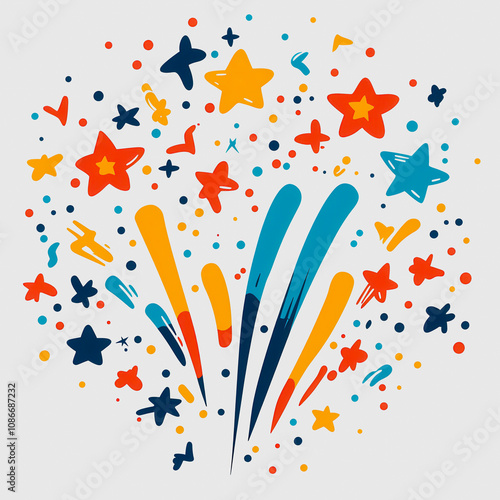 Colorful Burst of Stars and Fireworks Design with Vibrant Shapes and Dots for Celebrations, Events, or Artistic Projects