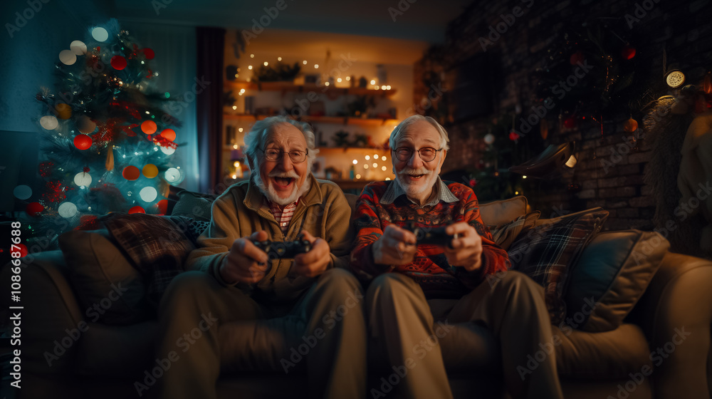 Seniors having a blast playing video games at home, filled with joy and laughter Seniors having a blast playing video games at home, filled with joy and laughter