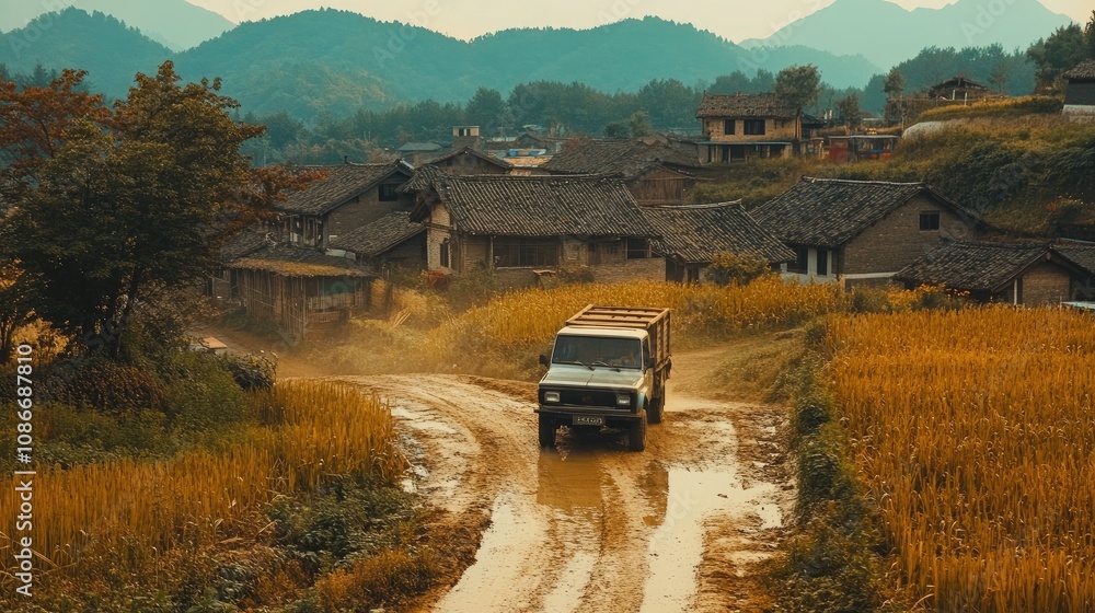 Scenic Rural Landscape with Dusty Road and Pickup Truck Driving Through Charming Village Surrounded by Mountains and Golden Rice Fields in Autumn Scenic Rural Landscape with Dusty Road and Pickup Truck Driving Through Charming Village Surrounded by Mountains and Golden Rice Fields in Autumn
