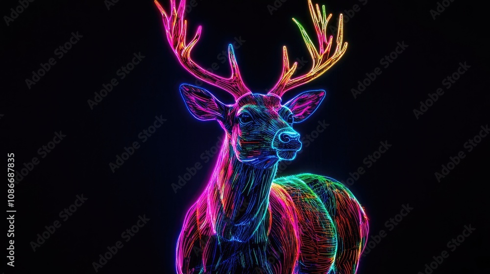 Vibrant Neon Deer Illuminated with Colorful Antlers on a Dark Background, Showcasing Artistic Glow and Detailed Lines Vibrant Neon Deer Illuminated with Colorful Antlers on a Dark Background, Showcasing Artistic Glow and Detailed Lines