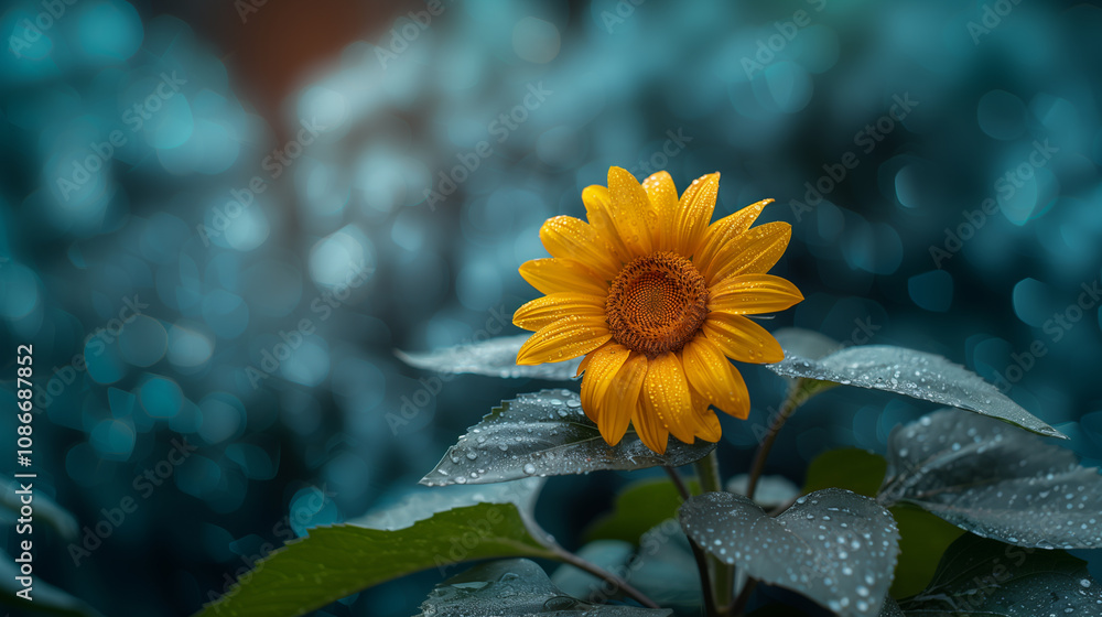 Top View of a Bright Sunflower Flower with Water Drops on Blue Backgrounds Top View of a Bright Sunflower Flower with Water Drops on Blue Backgrounds