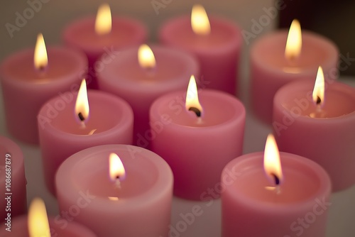 A collection of pink-themed candles lit softly representing hope and remembrance for those affected by cancer photo