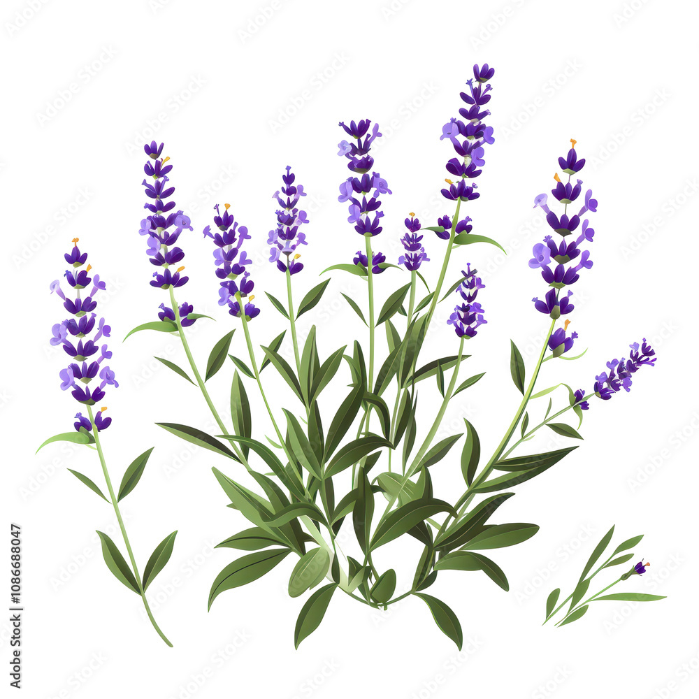 Fototapeta premium A bouquet of fresh lavender flowers tied with a beige ribbon, isolated on a white background, exuding elegance and fragrance.