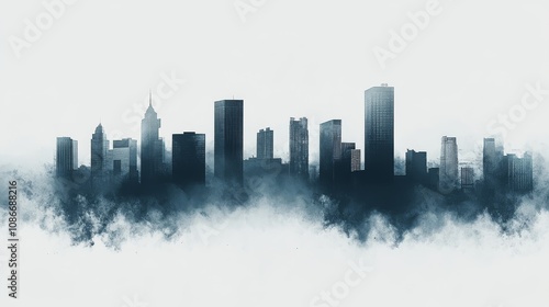 A misty urban skyline, showcasing modern skyscrapers against a hazy backdrop.