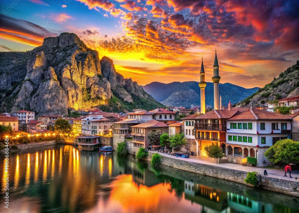 Fototapeta premium Amasya, Turkey, June 10, 2022: Silhouette shots of the Ottoman prince city.