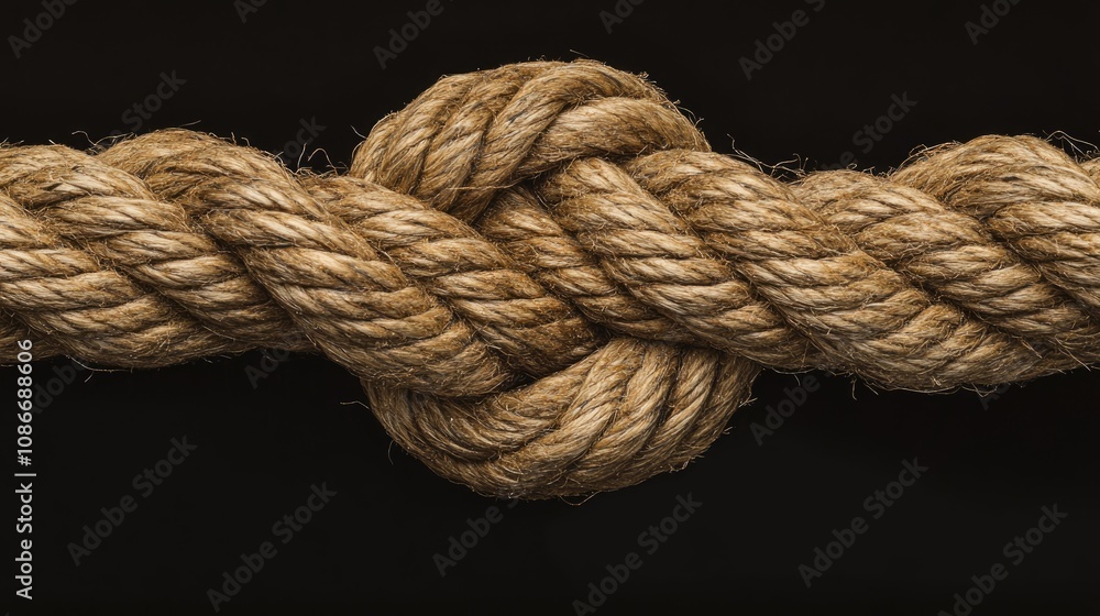 Close-Up of a Textured Natural Rope Knot Showcasing Intricate Twists and Weaves Against a Dark Background Close-Up of a Textured Natural Rope Knot Showcasing Intricate Twists and Weaves Against a Dark Background