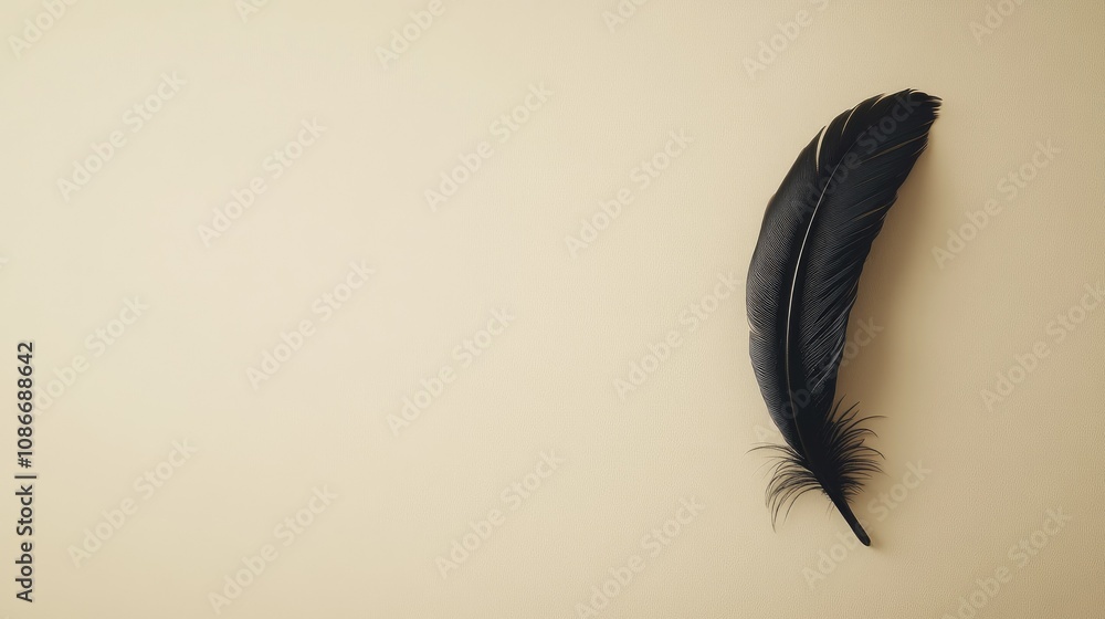 Elegant Black Feather on Cream Background, Perfect for Artistic and Vintage Themes, Represents Nature, Writing, and Creative Inspiration in Photography Projects Elegant Black Feather on Cream Background, Perfect for Artistic and Vintage Themes, Represents Nature, Writing, and Creative Inspiration in Photography Projects