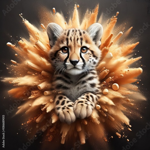 A golden brown and white cheetah cub chalk piece explodes in a b photo