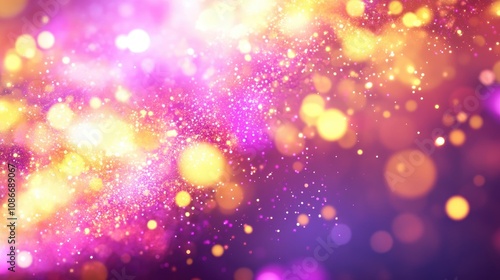 Vibrant pink and purple glitter with shimmering golden bokeh lights creating a dreamy, soft-focus background adorned with sparkling particles.