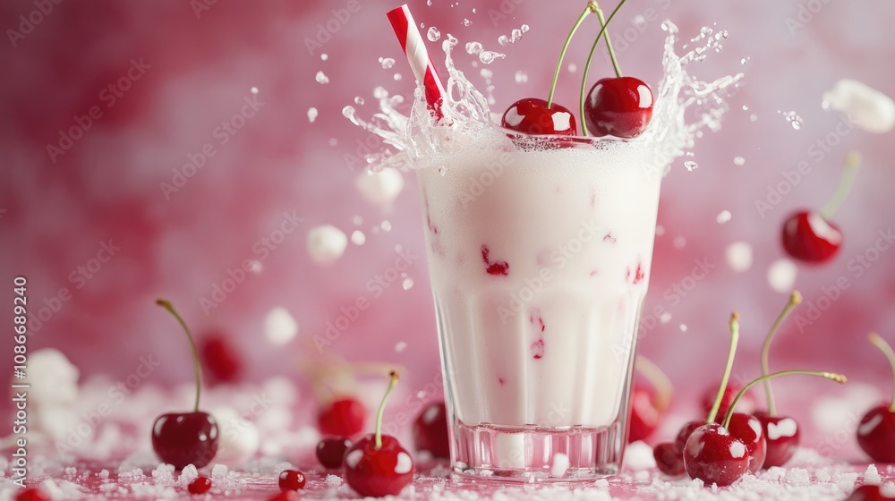 Delicious creamy milkshake with red cherries and a splash of milk in an inviting glass, surrounded by fresh cherries and a vibrant background. Delicious creamy milkshake with red cherries and a splash of milk in an inviting glass, surrounded by fresh cherries and a vibrant background.