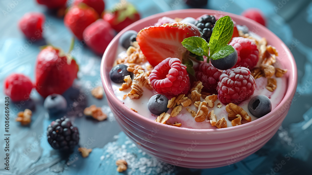 Top View of a Colorful Breakfast with Fruits and Nuts Top View of a Colorful Breakfast with Fruits and Nuts