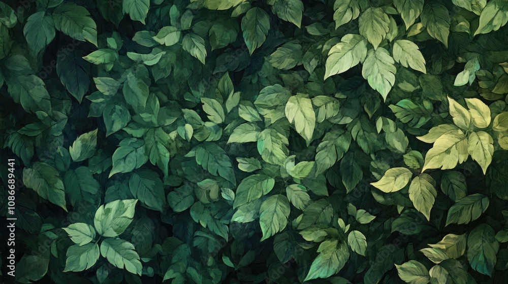 Lush Green Leaves with Varied Shades Showcasing Rich Textures and Vibrant Foliage in a Dense Natural Background Lush Green Leaves with Varied Shades Showcasing Rich Textures and Vibrant Foliage in a Dense Natural Background