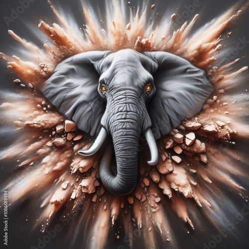 A gray elephant chalk piece explodes in a burst of earthy tones photo