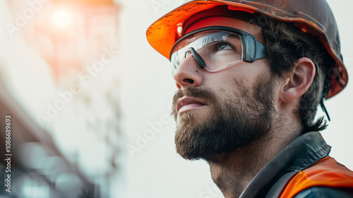 Close Up Side View of Man Worker with Helmet on White Background