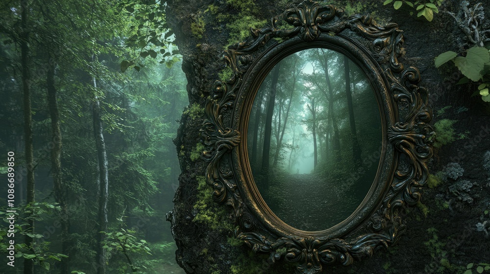 Obraz premium Dreamlike Forest Reflection in Ornate Mirror Surrounded by Lush Greenery, Evokes Mystical Atmosphere and Enchantment in Nature's Embrace, Serene and Whimsical