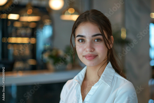 Generative AI Image of Smiling Female Receptionist at Hotel Lobby Desk