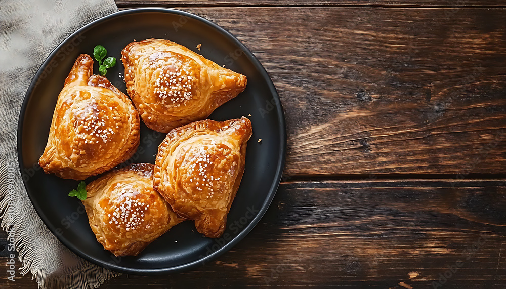 Golden brown pastries on dark plate wooden background top view copy space Golden brown pastries on dark plate wooden background top view copy space