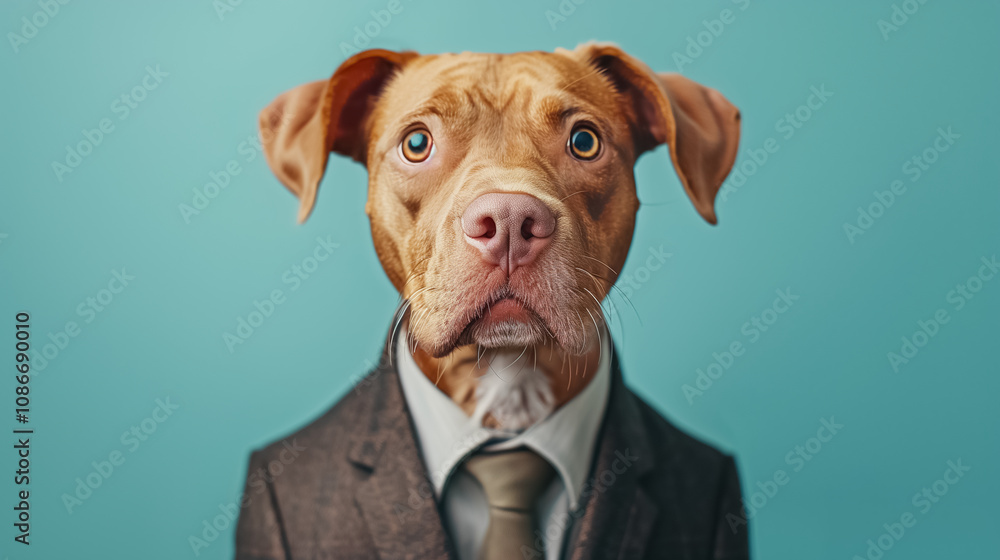 Dog in Formal Business Attire Looking at Camera on Blue Background Dog in Formal Business Attire Looking at Camera on Blue Background