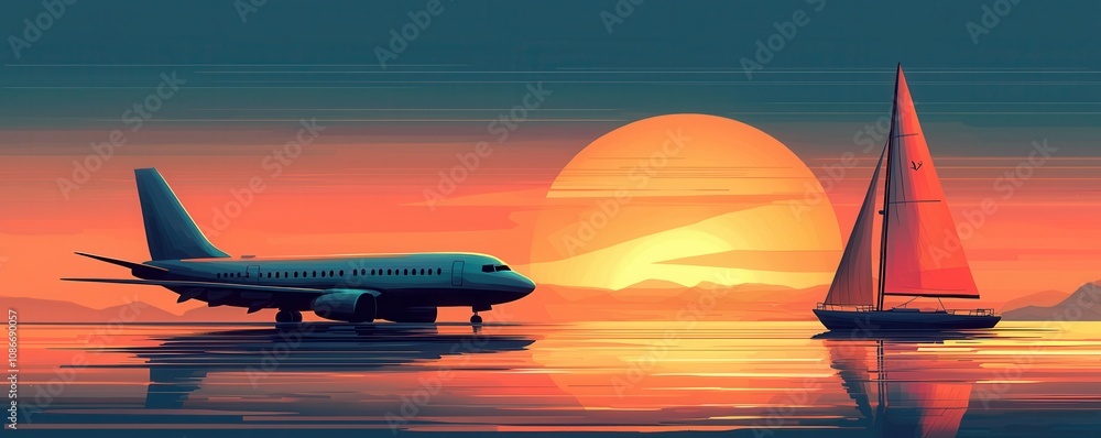 Illustration of an airplane and sailboat at sunset on the ocean Illustration of an airplane and sailboat at sunset on the ocean