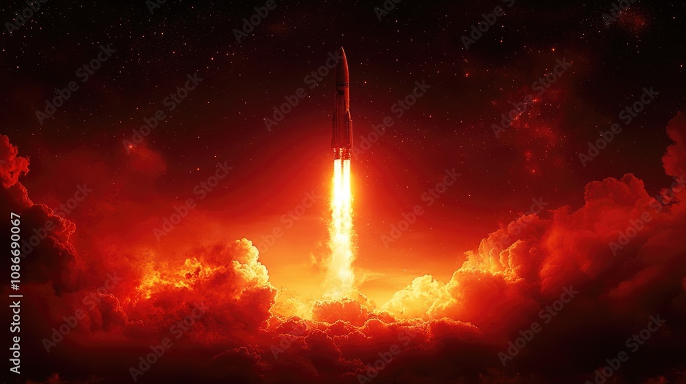 Fototapeta premium Spaceship launching toward Mars surrounded by vibrant flames and billowing smoke, ascending into a starry sky with a hint of the red planet in the distance.