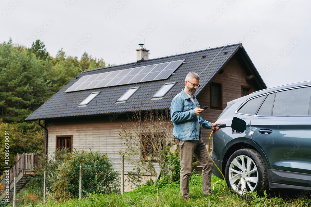 © Halfpoint - Man charging electric car in front of his house, plugging the charger into the charging port. House with solar panel system on roof behind him.