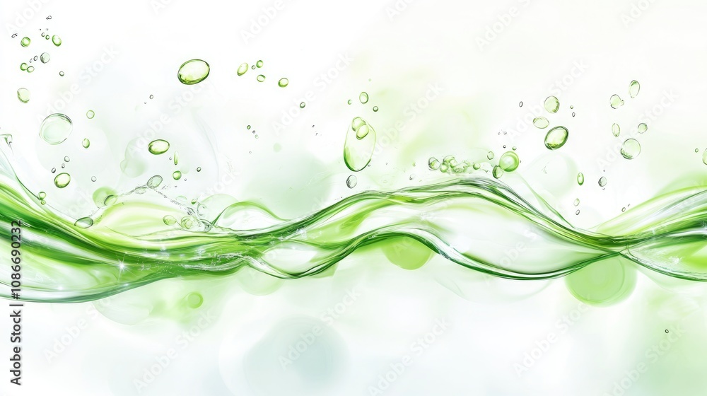 Abstract background of suspended oil droplets and green bubbles on a water surface, perfect for artistic beauty and cosmetic product presentations. Abstract background of suspended oil droplets and green bubbles on a water surface, perfect for artistic beauty and cosmetic product presentations.