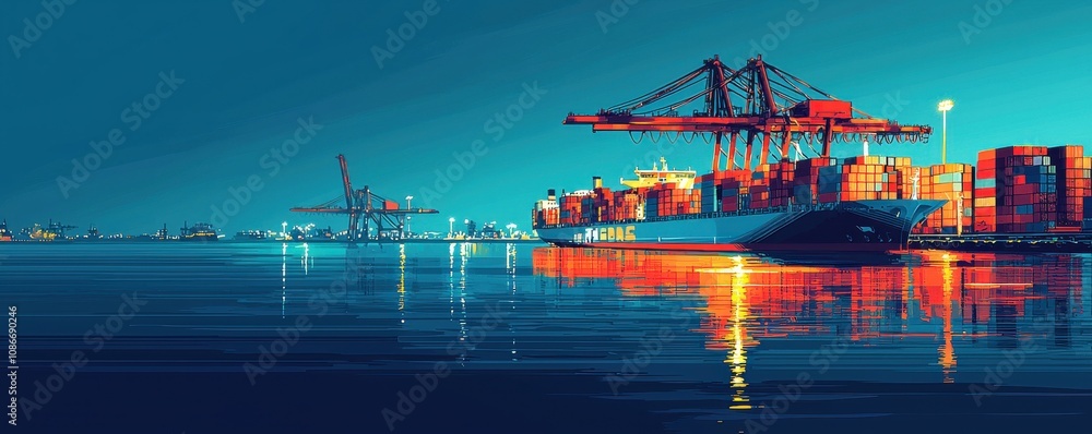 Obraz premium Vibrant illustration of a bustling ocean port at night