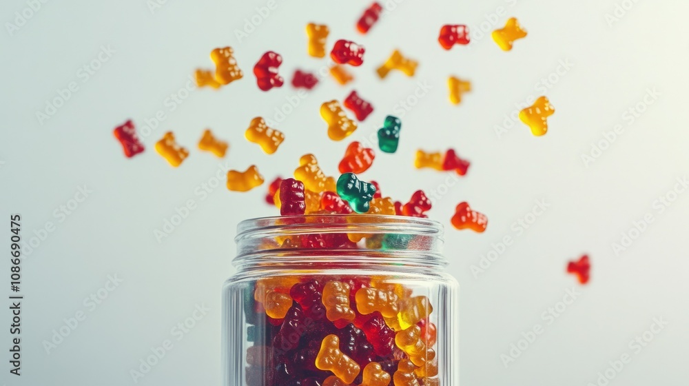 Colorful gummy bears falling from above into a glass jar creating a vibrant and playful scene perfect for sweet treat and candy themed visuals Colorful gummy bears falling from above into a glass jar creating a vibrant and playful scene perfect for sweet treat and candy themed visuals