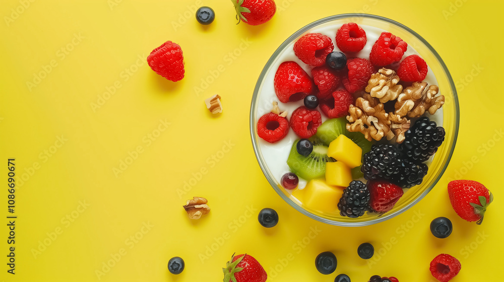 Top view of a yogurt and berry dessert in a transparent glass bowl, food background. Top view of a yogurt and berry dessert in a transparent glass bowl, food background.