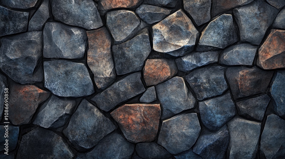 Fototapeta premium Rugged dark stone texture featuring irregular shapes with varied color tones, ideal for backgrounds, design elements, and architectural projects, stone texture, uneven surface.