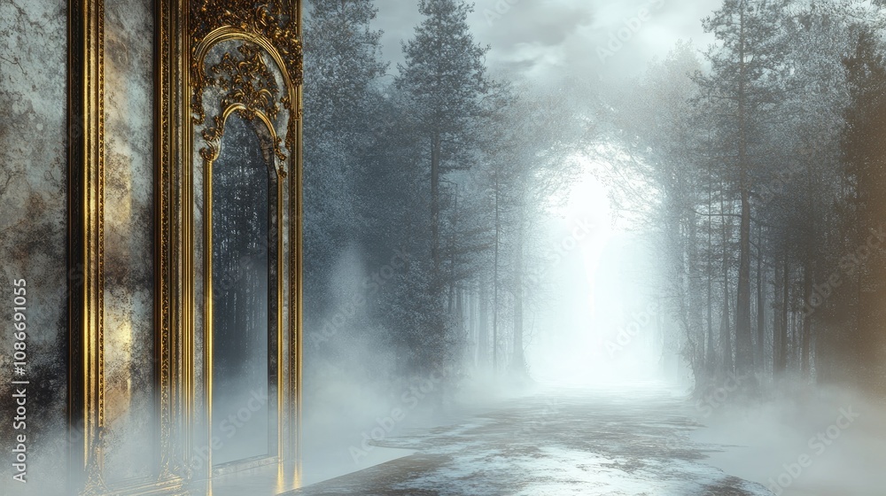 Obraz premium Enchanted Forest with Foggy Path and Ornate Mirror Framed by Trees, Evoking Mystery and Fantasy in a Dreamlike Landscape Scene
