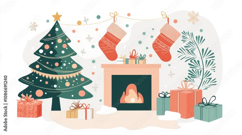 Cozy Christmas Scene with Tree, Fireplace, and Snowy Window Cozy Christmas Scene with Tree, Fireplace, and Snowy Window
