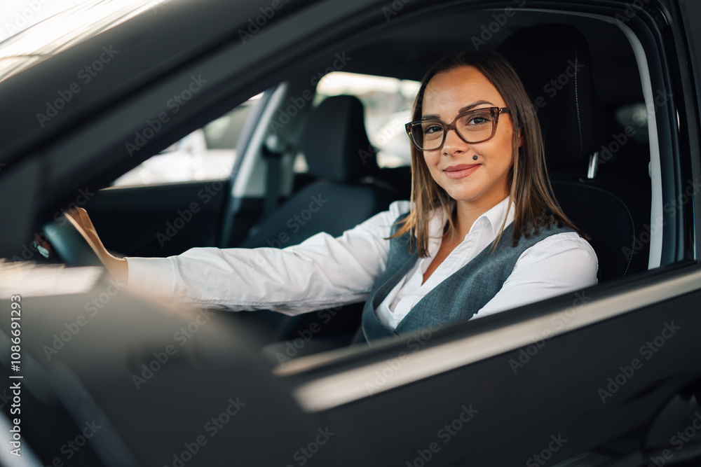 Confident woman smiling in driver's seat of a sleek car. Confident woman smiling in driver's seat of a sleek car.