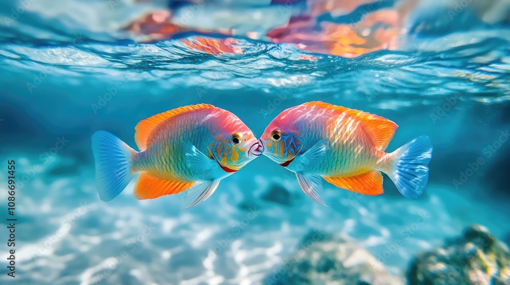 Naklejka premium Two Colorful Fish Kissing Underwater
