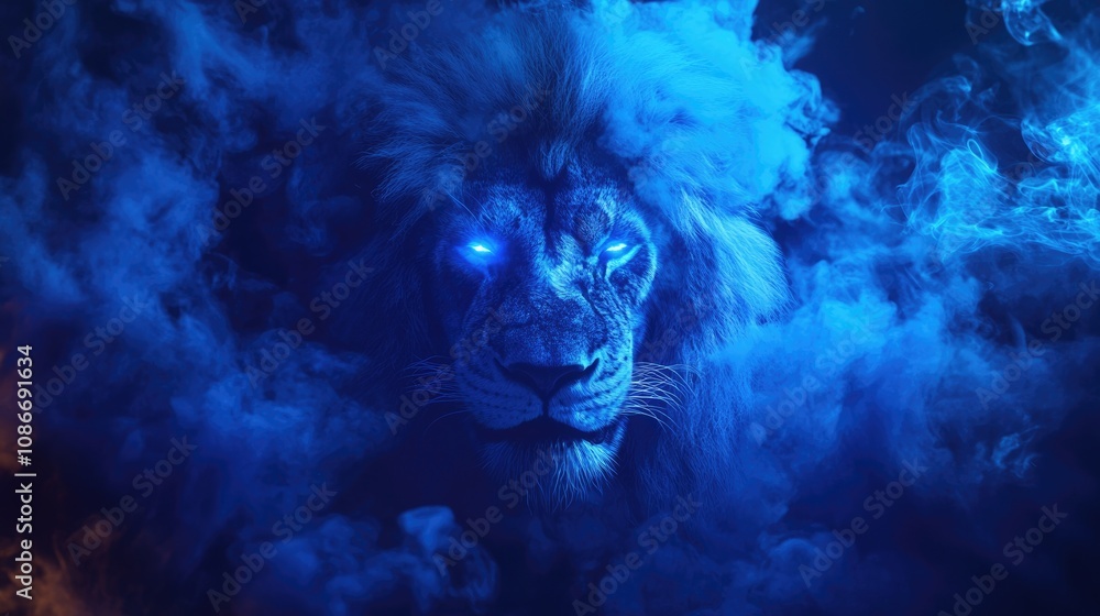 Majestic Lion of Judah Emerging from Enveloping Blue Smoke Symbolizing Strength and Divine Victory in Faith Majestic Lion of Judah Emerging from Enveloping Blue Smoke Symbolizing Strength and Divine Victory in Faith