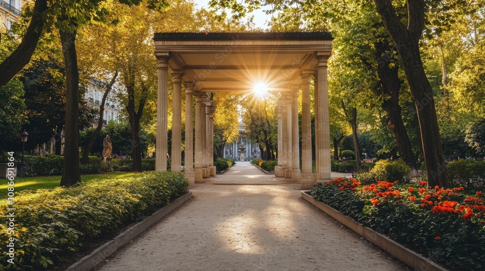 Serene Pathway in a Sunlit Park Surrounded by Lush Greenery and Vibrant Flowers, Inviting Nature Walks in the Heart of the City Serene Pathway in a Sunlit Park Surrounded by Lush Greenery and Vibrant Flowers, Inviting Nature Walks in the Heart of the City