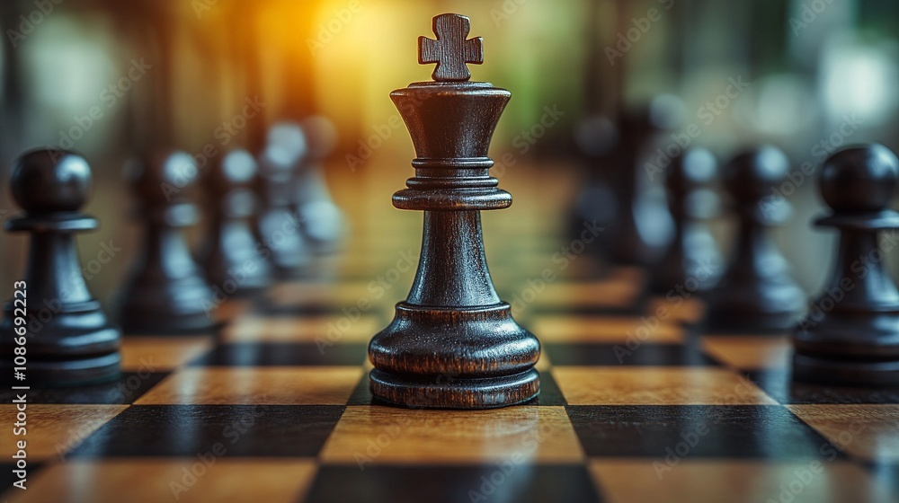 Black chess king standing ahead of white pawns on chess table. Strategy and competition concept Black chess king standing ahead of white pawns on chess table. Strategy and competition concept