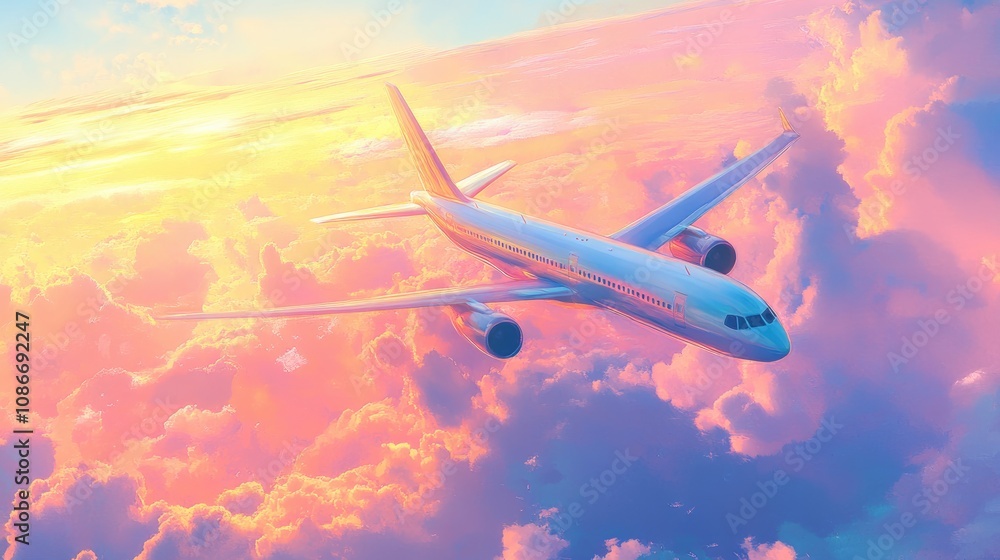 Naklejka premium Commercial jet flying amidst vibrant pastel clouds with golden sunlight illuminating the sky, creating a serene and picturesque atmosphere, perfect for travel inspiration.