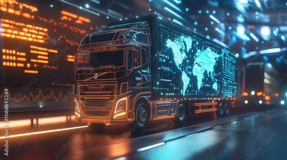 A futuristic, illuminated cargo truck with digital graphics, showcasing a world map on its side against a high-tech urban backdrop. A futuristic, illuminated cargo truck with digital graphics, showcasing a world map on its side against a high-tech urban backdrop.