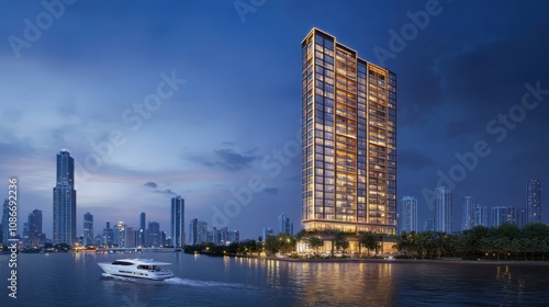 Modern High-Rise Building at Dusk with Water Reflection and Urban Skyline, Showcasing Contemporary Architecture and Illuminated Details