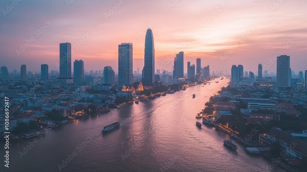 Fototapeta premium Stunning Sunset Over a Bustling City Skyline with Skyscrapers and a Serene River, Capturing the Vibrant Atmosphere of Urban Life at Dusk