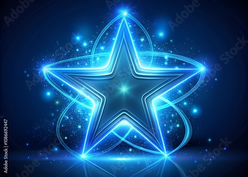 Blue star glowing blue neon with curved light lines and sparkle on dark blue background. Award concept.