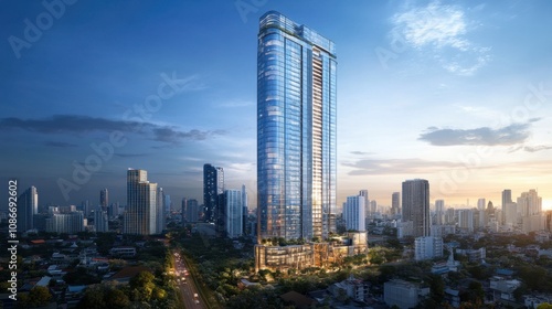 A Stunning Modern Skyscraper Rising Above the Cityscape with Reflective Glass, Surrounded by Urban Buildings Under a Vibrant Sunset Sky in a Bustling Metropolis