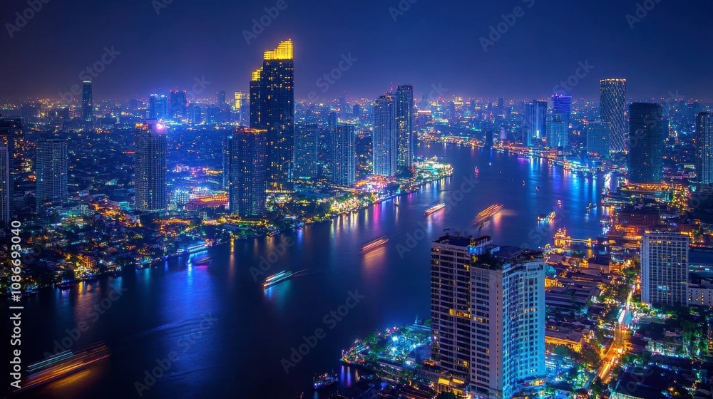 Naklejka premium Stunning Night View of a Vibrant City Skyline with Illuminated Towers and River Reflections in an Urban Landscape