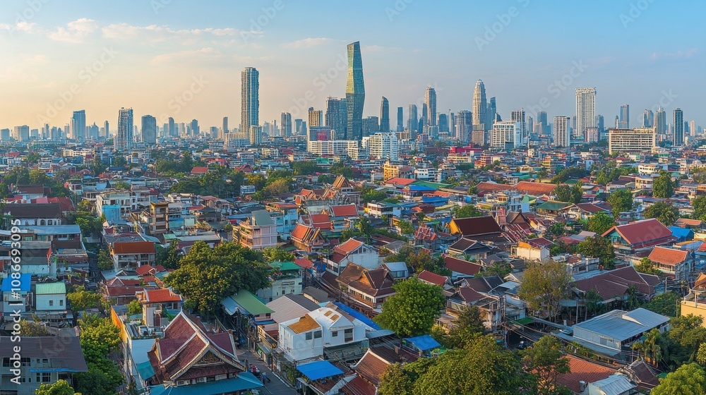 Obraz premium A Panoramic View of a Vibrant Urban Landscape, Showcasing Diverse Architecture, Lush Green Spaces, and Skyscrapers Against a Clear Blue Sky at Dusk