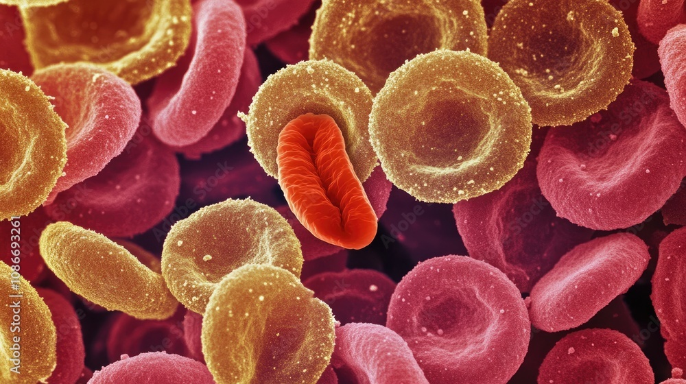 Irregular sickle cell amidst circular red blood cells, illustrating unique mutation and health impact, vibrant cellular display, medical visualization, research analysis, healthcare. Irregular sickle cell amidst circular red blood cells, illustrating unique mutation and health impact, vibrant cellular display, medical visualization, research analysis, healthcare.
